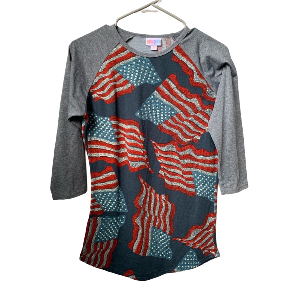 Lularoe Women’s Red White Blue American Flag Print Baseball Style Tee Shirt